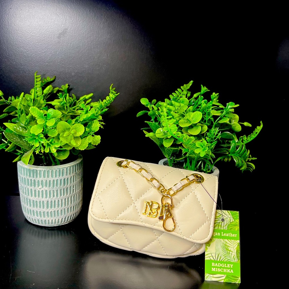 Badgley Mischka Cream Quilted Mini Bag with Gold Chain